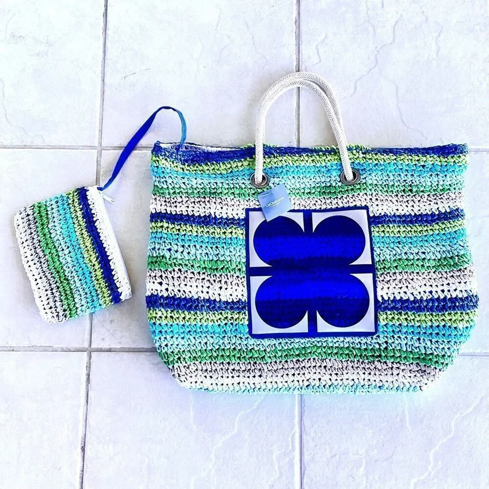 NWT Gorgeous Liz Claiborne Blue Green White Raffia Straw Big Tote Bag & pouch